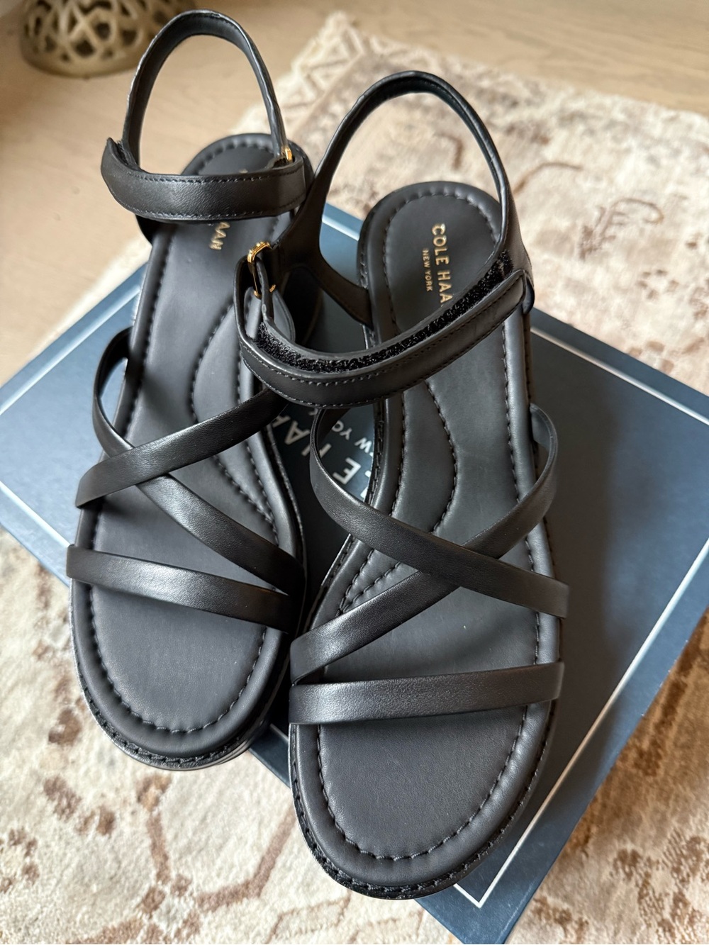 NWT Cole Haan Black Leather Platform Sandals with Ankle Strap